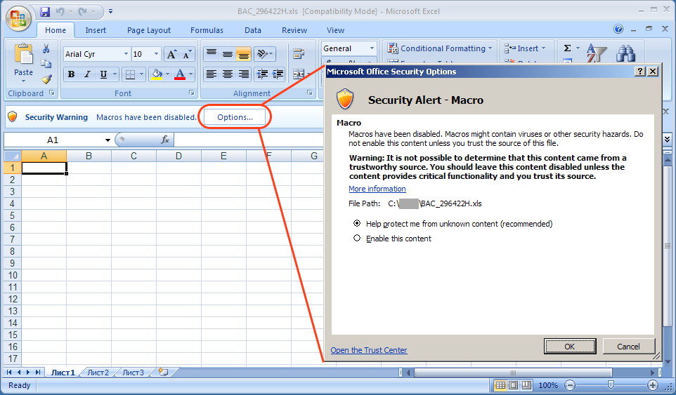 Microsoft Office Excel Security Alert for Macros