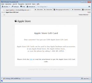 Apple Gift Card - E-Mail mit Drive-by-Malware-Link und Malware im Anhang