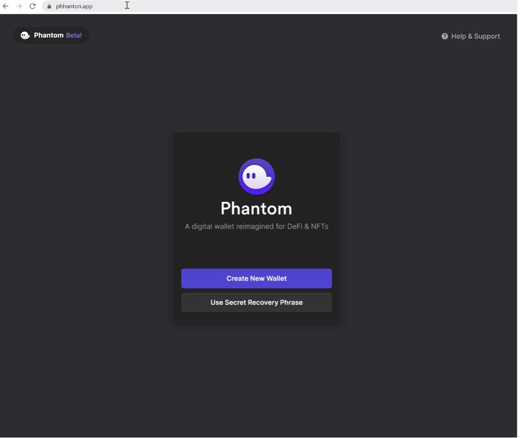 Phishing page to create Phantom wallet